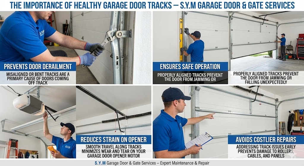 The importance of healthy garage door tracks - S.Y.M. expert maintenance and repair showing track inspection, alignment, replacement, and safety testing to prevent derailment, ensure safe operation, reduce opener strain, and avoid costlier repairs