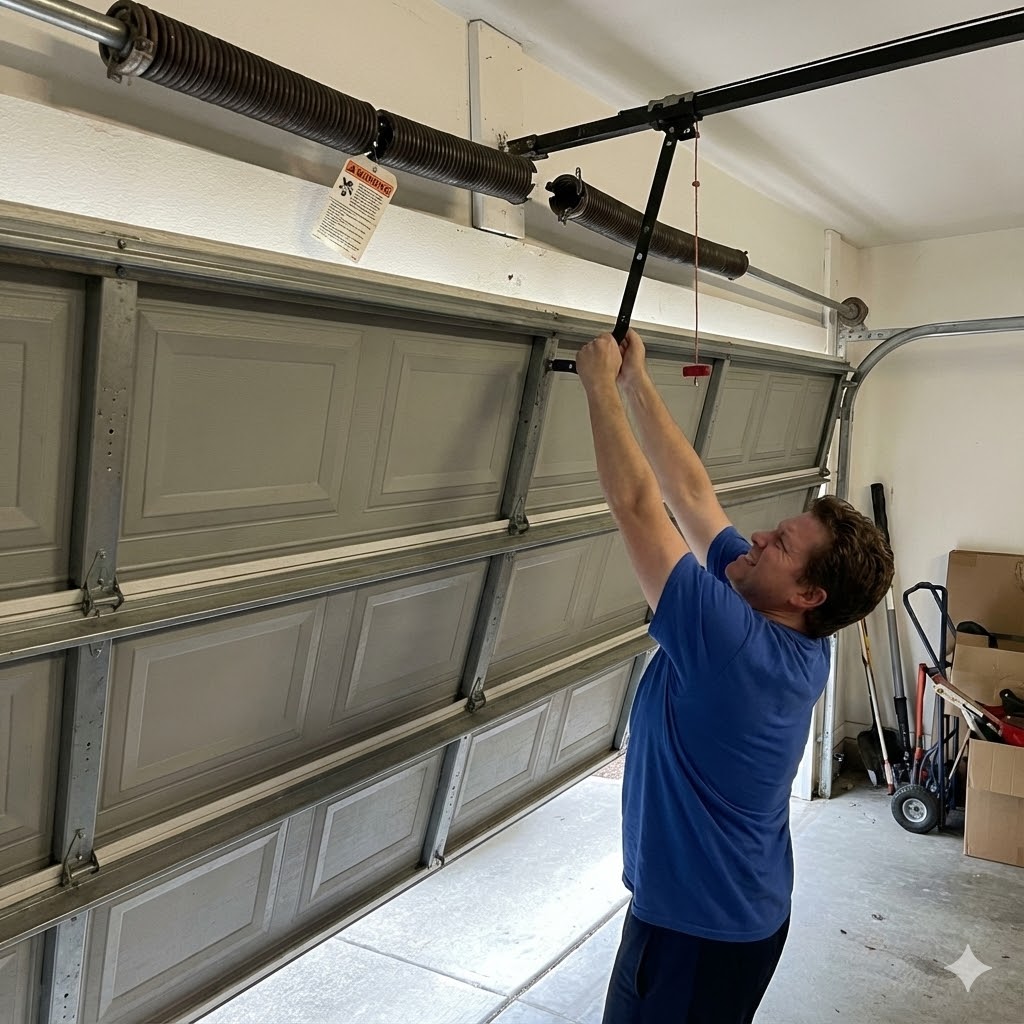 Technician attempting to manually operate a garage door with broken spring