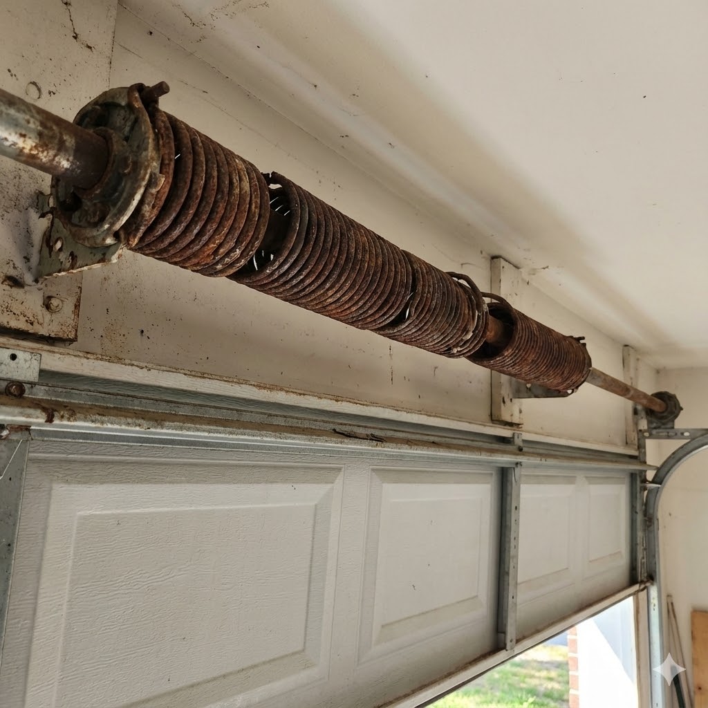 Close-up of heavily rusted and corroded garage door spring showing clear signs of wear