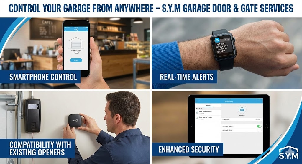 S.Y.M. MyQ Smart Garage Integration - Control your garage from anywhere with smartphone app showing open button, receive real-time alerts on Apple Watch when door opens, compatible with existing LiftMaster and Chamberlain openers, enhanced security with activity log on tablet - professional installation in Riverside, CA