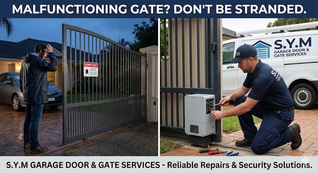 Emergency gate unlock service - customer stranded by malfunctioning gate and S.Y.M. technician performing emergency repair