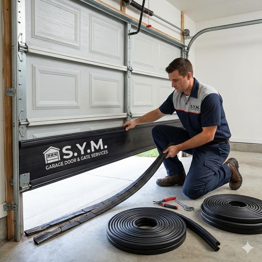 S.Y.M. technician professionally installing a new garage door bottom weather seal with replacement materials