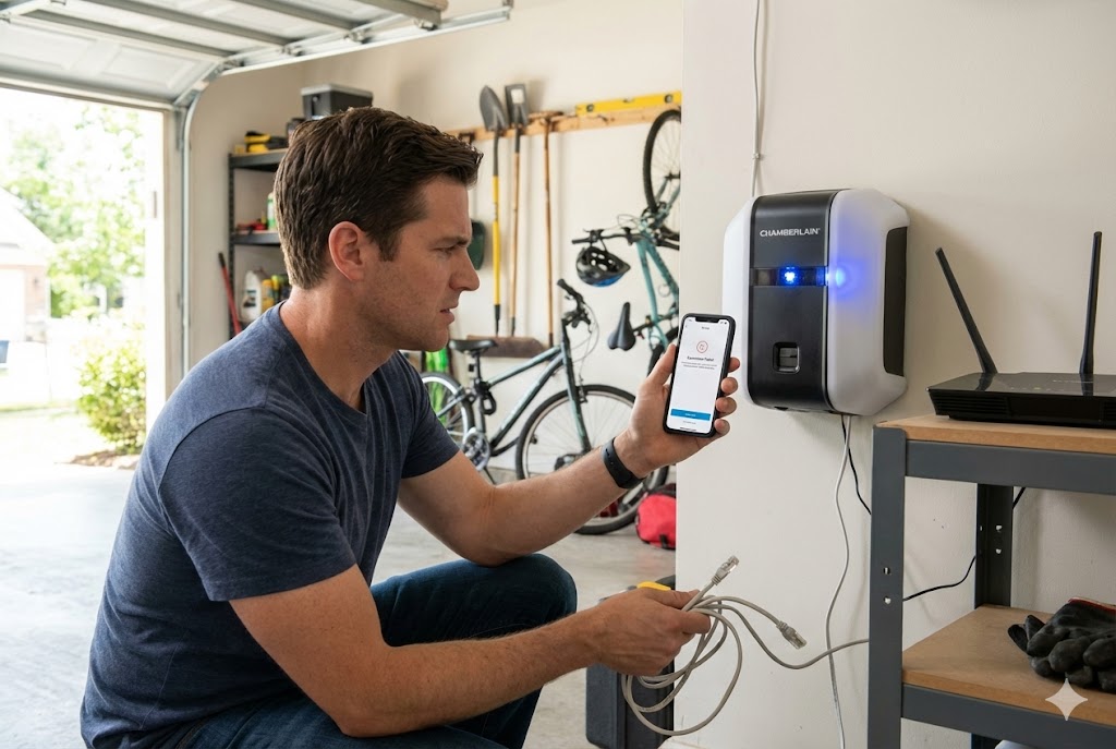 Technician troubleshooting Chamberlain MyQ smart garage door opener connectivity and app integration issues using smartphone.