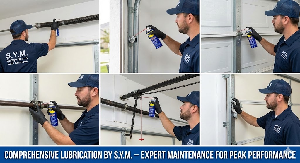 S.Y.M. technician comprehensively lubricating all garage door components including springs, rollers, hinges, and tracks for peak performance