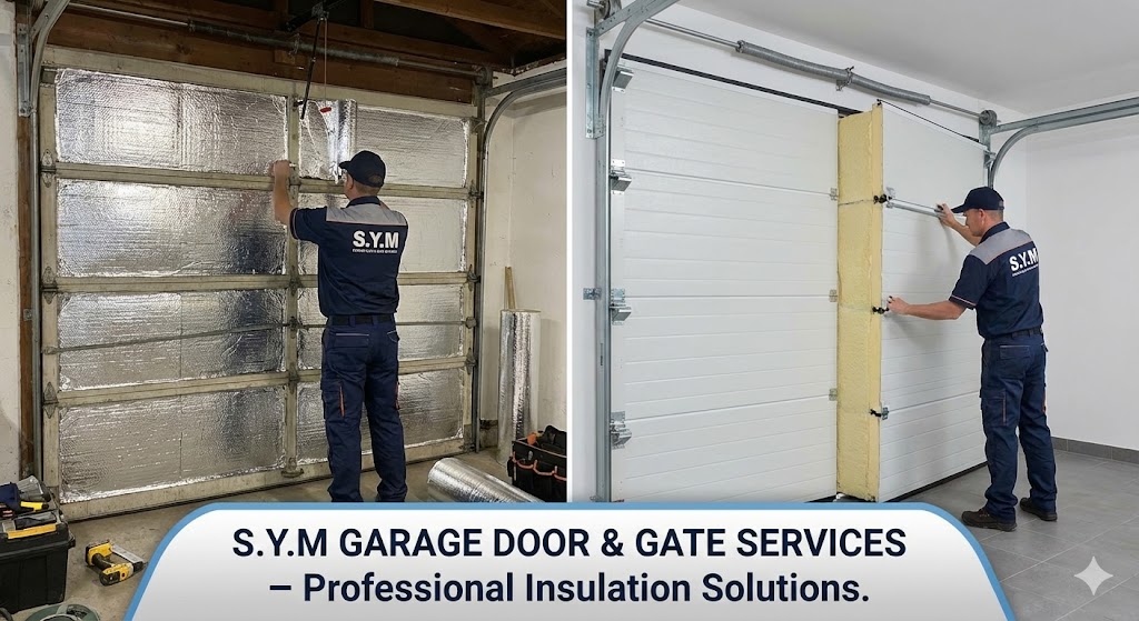 S.Y.M. technicians professionally installing garage door insulation for enhanced energy efficiency