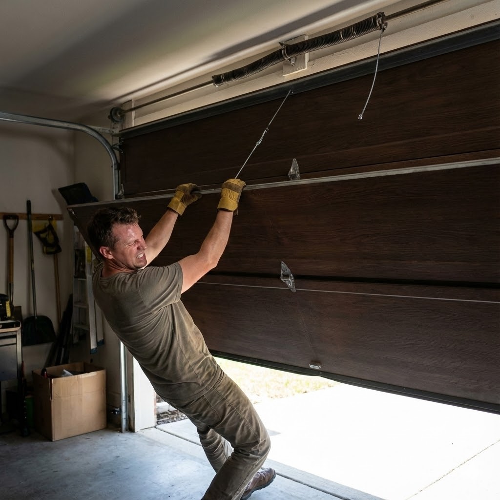 Person struggling to manually lift a heavy garage door without spring assistance