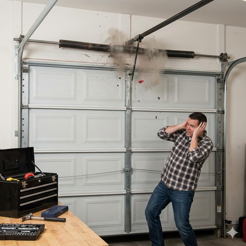 Person reacting to the loud bang sound of a broken garage door spring