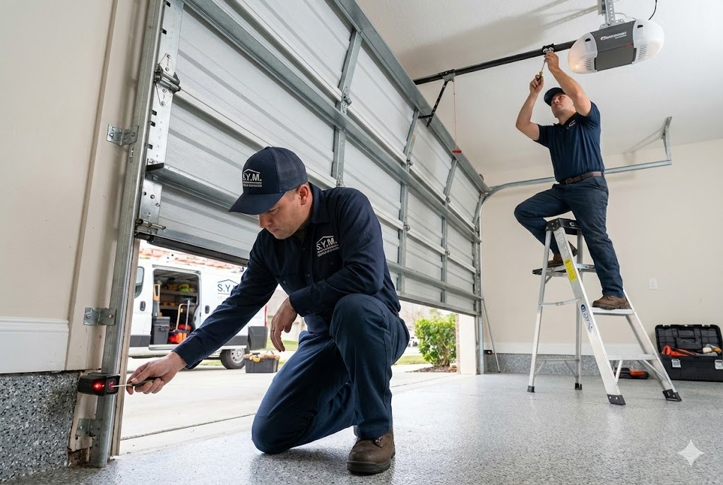 S.Y.M. technicians adjusting garage door safety sensors and opener settings to fix reversing door issues.