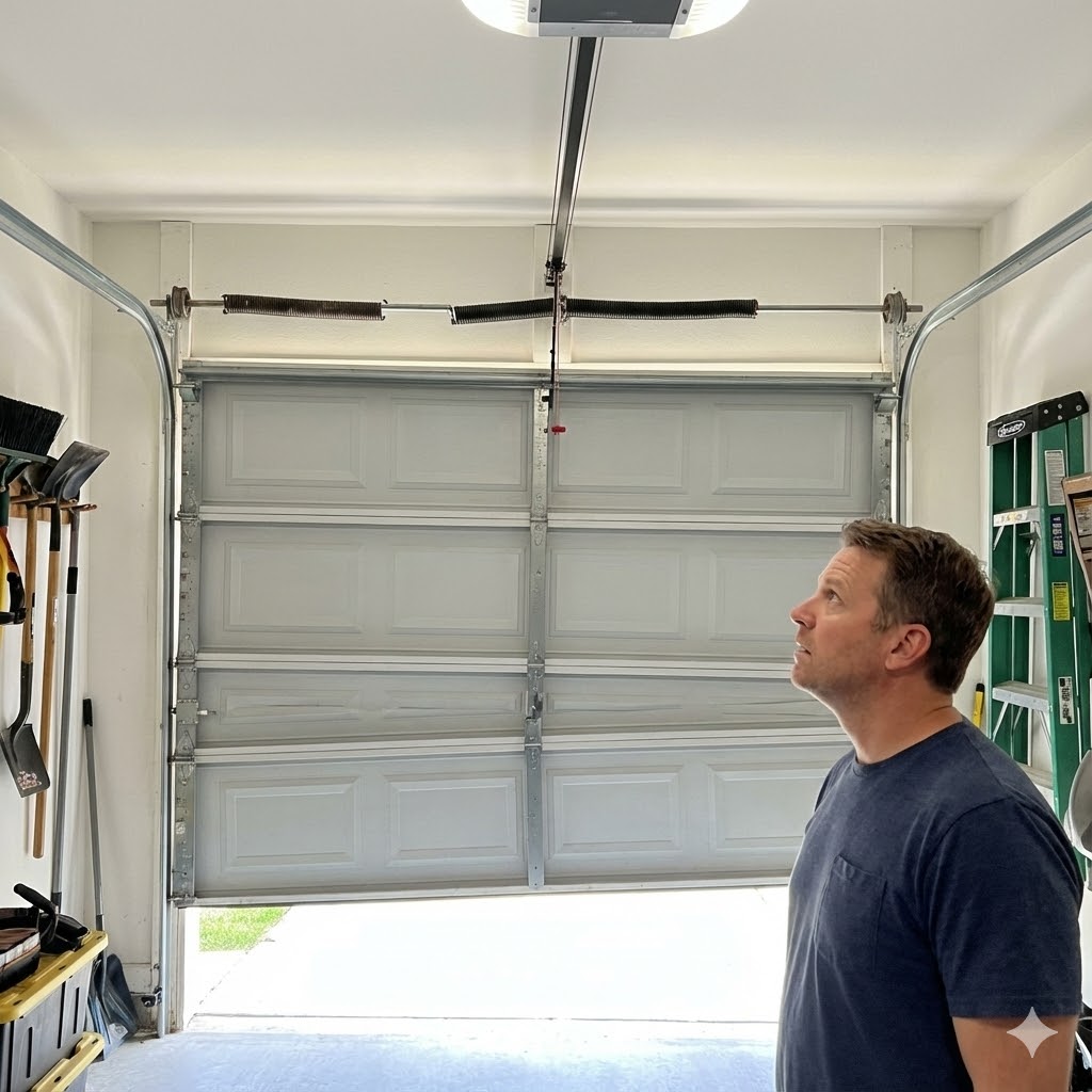 Technician inspecting a crooked garage door due to broken spring in two-spring system