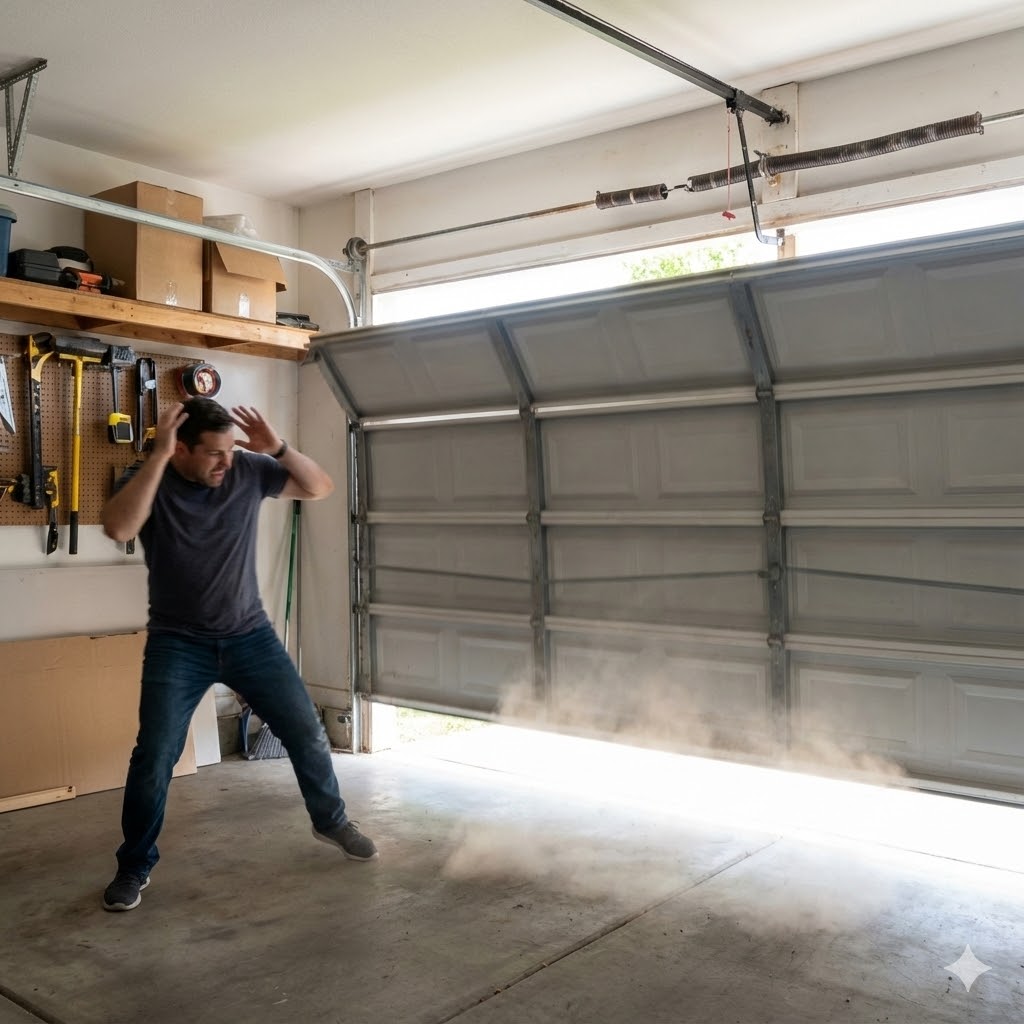 Person reacting as garage door closes too quickly due to broken spring