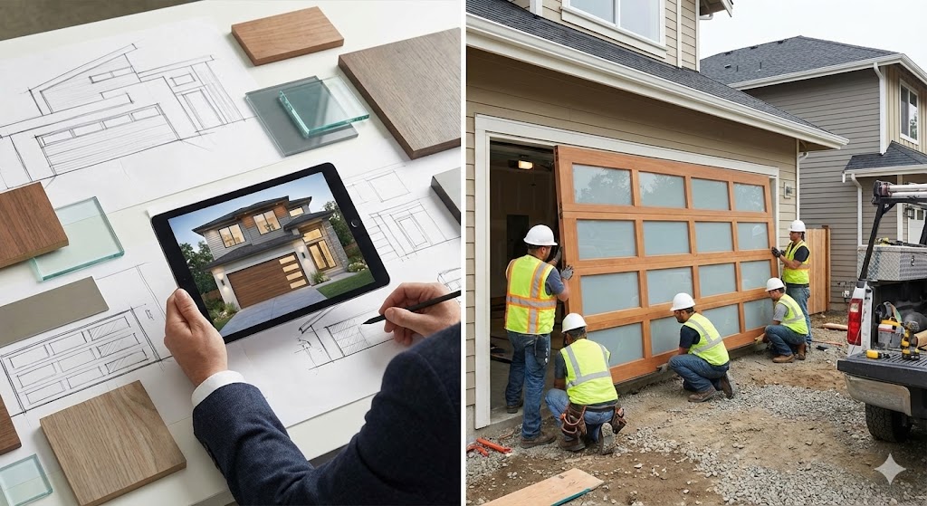 Custom garage door design process showing tablet with home rendering and professional installation team