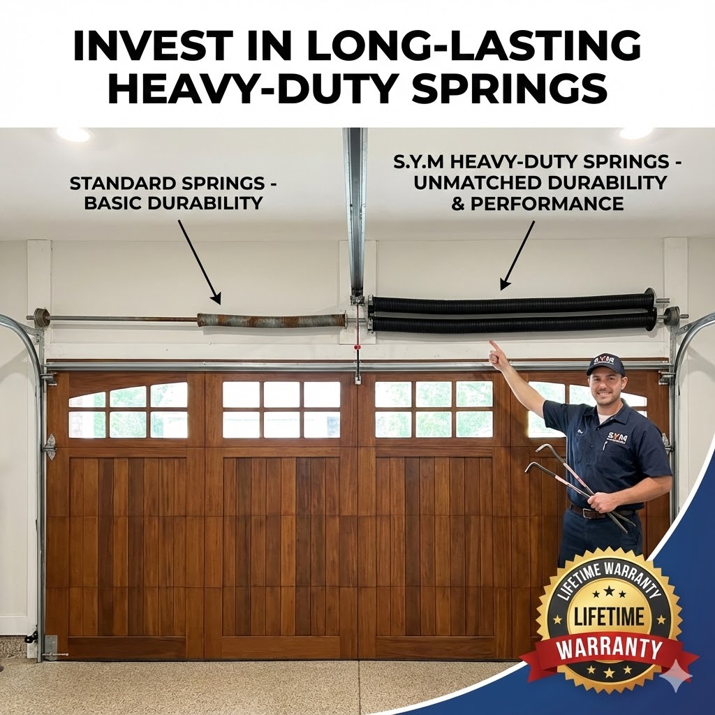 S.Y.M. heavy-duty garage door springs comparison - standard springs with basic durability versus premium heavy-duty springs with unmatched durability and performance, featuring lifetime warranty