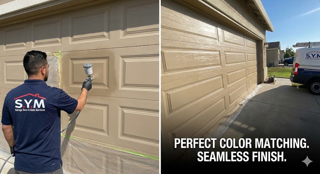 S.Y.M. technician spray painting garage door panel with perfect color matching and seamless finish results