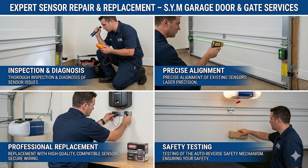 S.Y.M. expert technician performing garage door safety sensor inspection, alignment, replacement, and testing - comprehensive sensor service