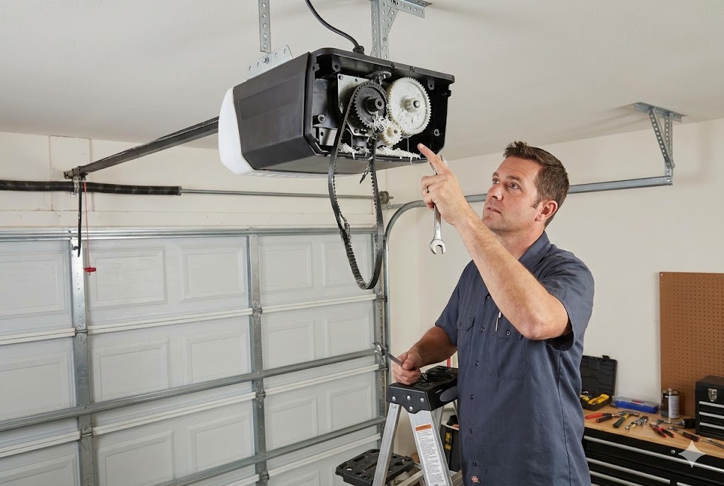 Technician inspecting and repairing stripped gears and internal drive mechanism of garage door opener.