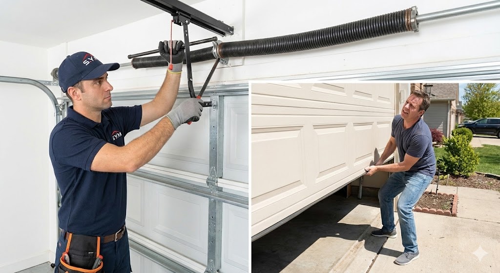 S.Y.M. technicians professionally replacing garage door springs