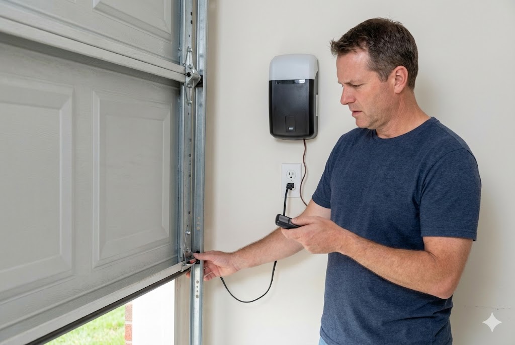 Technician troubleshooting garage door opener not responding, checking remote and power supply issues.