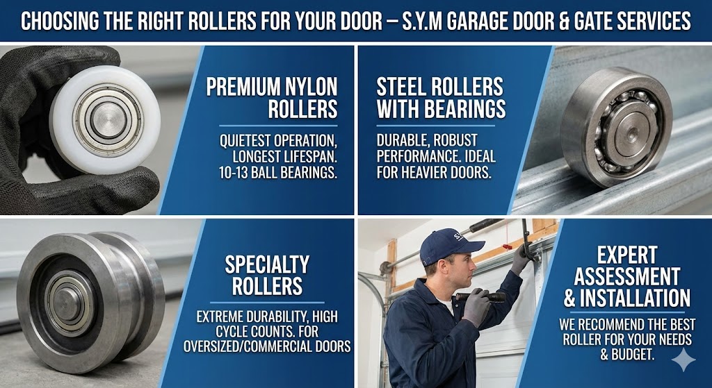 S.Y.M. garage door roller types comparison - premium nylon, steel with bearings, and specialty rollers with expert assessment and installation