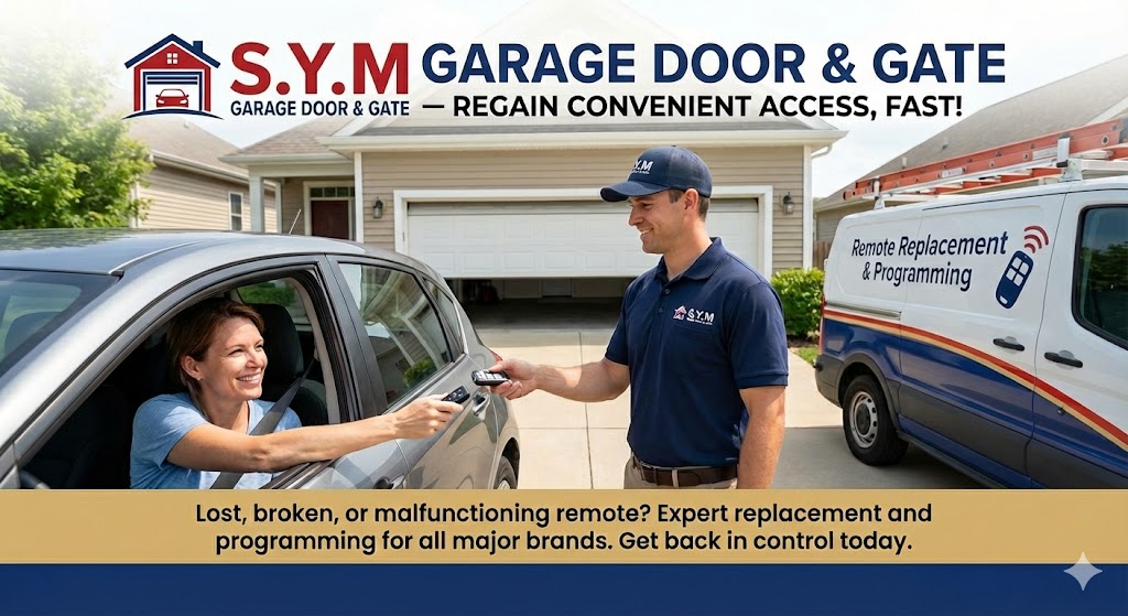 S.Y.M. technician providing professional garage door remote replacement and programming service to satisfied customer