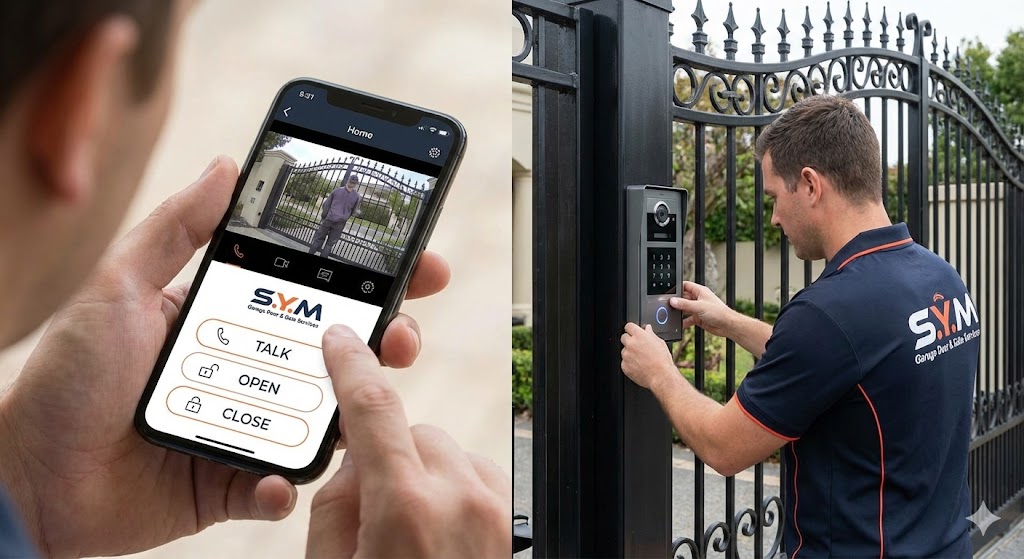 S.Y.M. technician installing modern video intercom system at ornamental gate with smartphone app control showing live video feed, two-way audio TALK button, and remote OPEN/CLOSE gate controls for secure property access in Riverside, CA