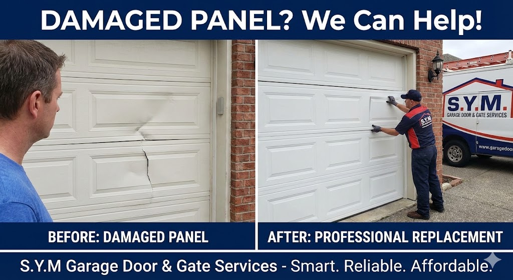 Before and after comparison of S.Y.M. garage door panel replacement - damaged panel transformed to professional new installation