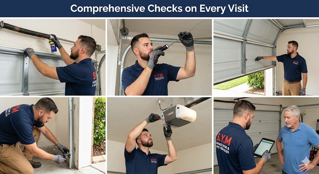 S.Y.M. comprehensive garage door maintenance service - professional technician performing thorough inspection of springs, cables, rollers, tracks, opener, and safety sensors for residential garage door in Riverside, CA