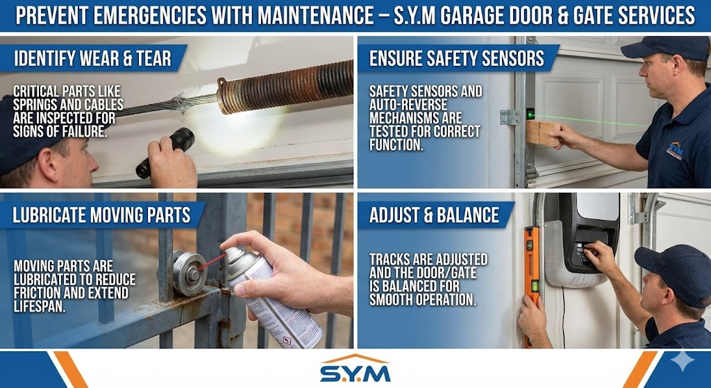 Prevent Emergencies with Maintenance - S.Y.M. 4-step process: Identify Wear & Tear, Ensure Safety Sensors, Lubricate Moving Parts, Adjust & Balance
