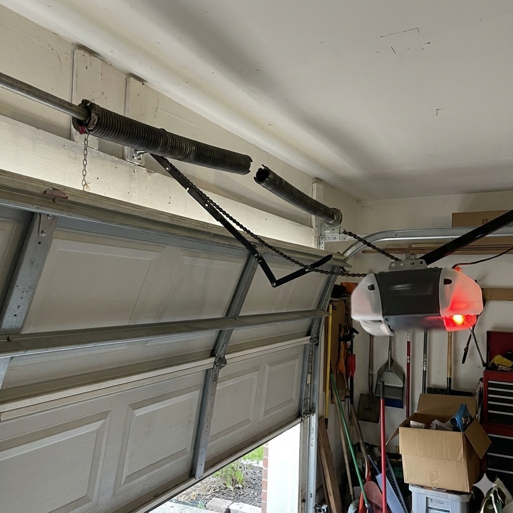 Garage door opener motor straining with red warning light due to broken spring