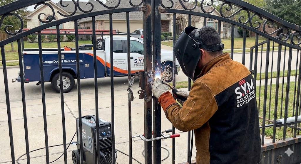 S.Y.M. certified welder in protective gear performing professional MIG welding repair on ornamental metal gate frame, restoring structural integrity and strength in Riverside, CA