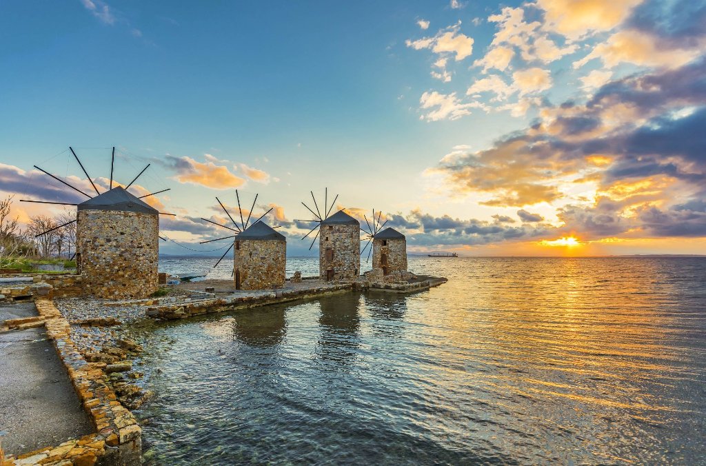 Chios island windmills at sunset