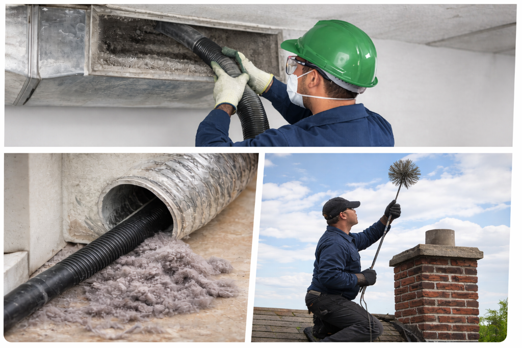 Professional Summit Home Services technician performing air duct cleaning, dryer vent cleaning, and chimney services