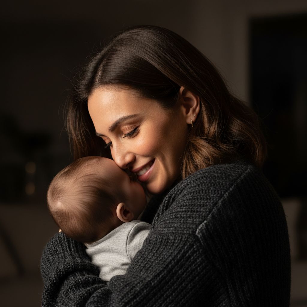 Yarden Konki, certified postpartum nutritionist, holding her baby
