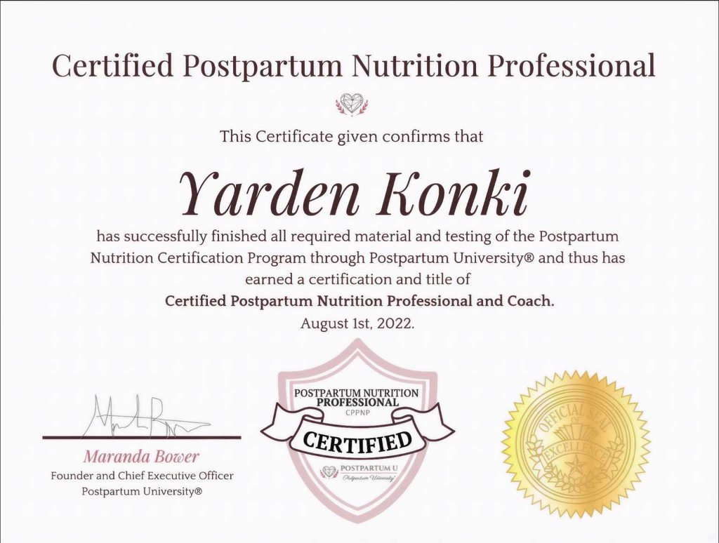 Certified Postpartum Nutrition Professional certificate – Yarden Konki