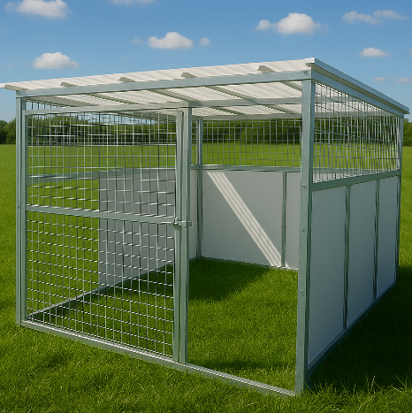External covered runs with mesh panels and weatherproof roof