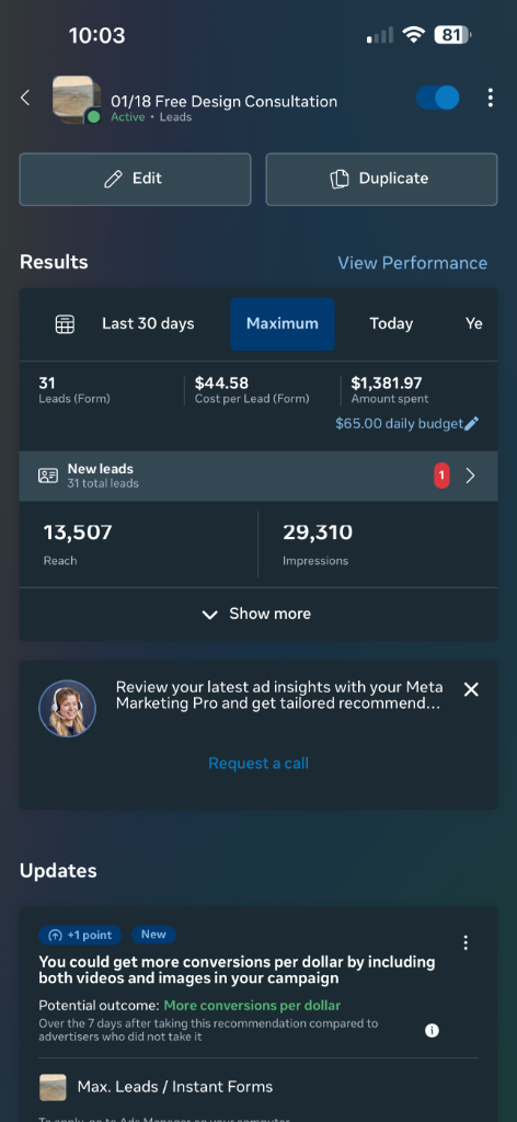 Meta Advertising Campaign Results - Free Design Consultation