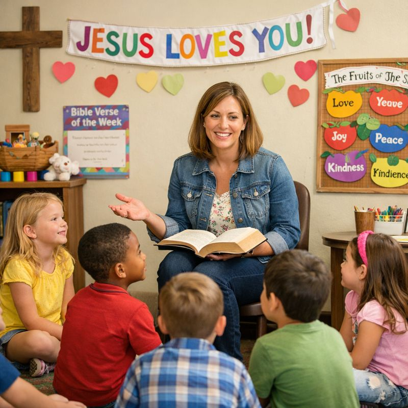 Sunday School teacher with children learning about Jesus