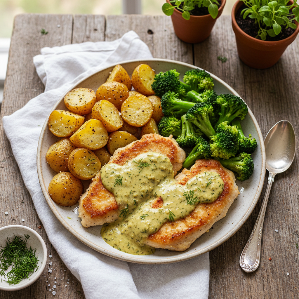 Creamy Dijon Dill Chicken with Roasted Potatoes & Broccoli