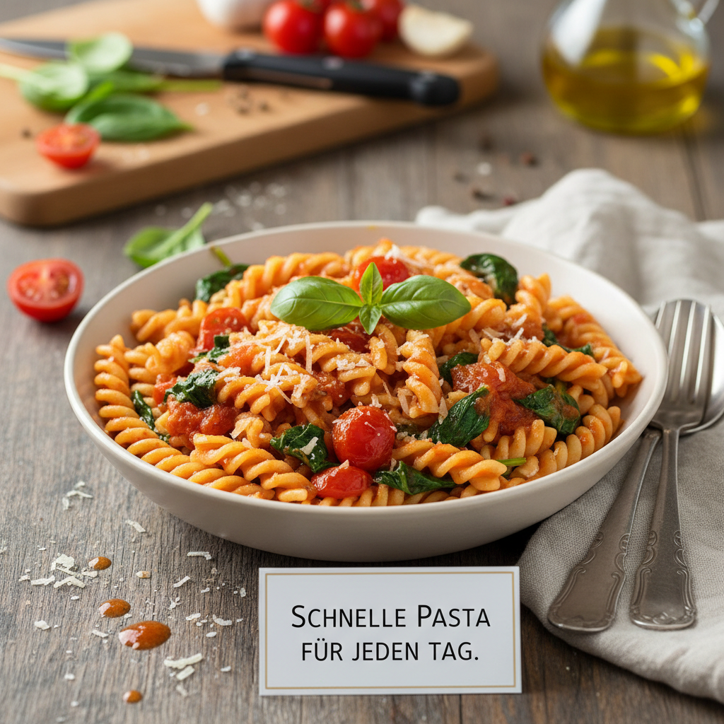 Pasta mit Tomatensauce und Spinat