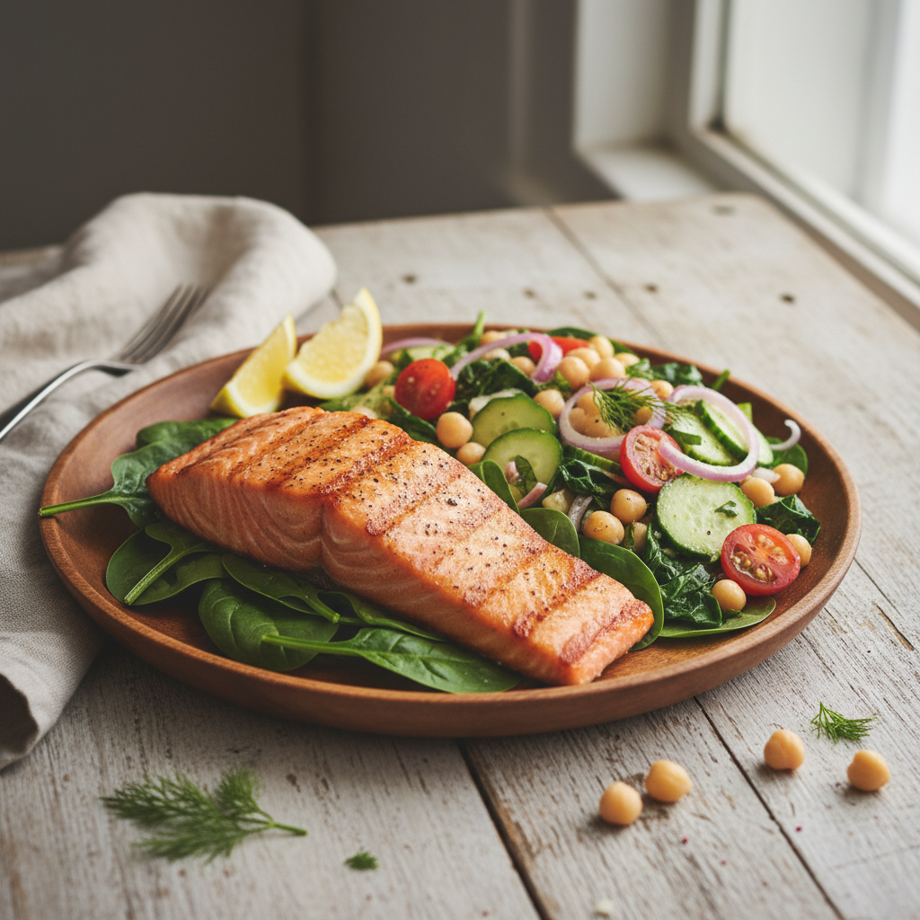 Lachs mit Spinat und Kichererbsensalat