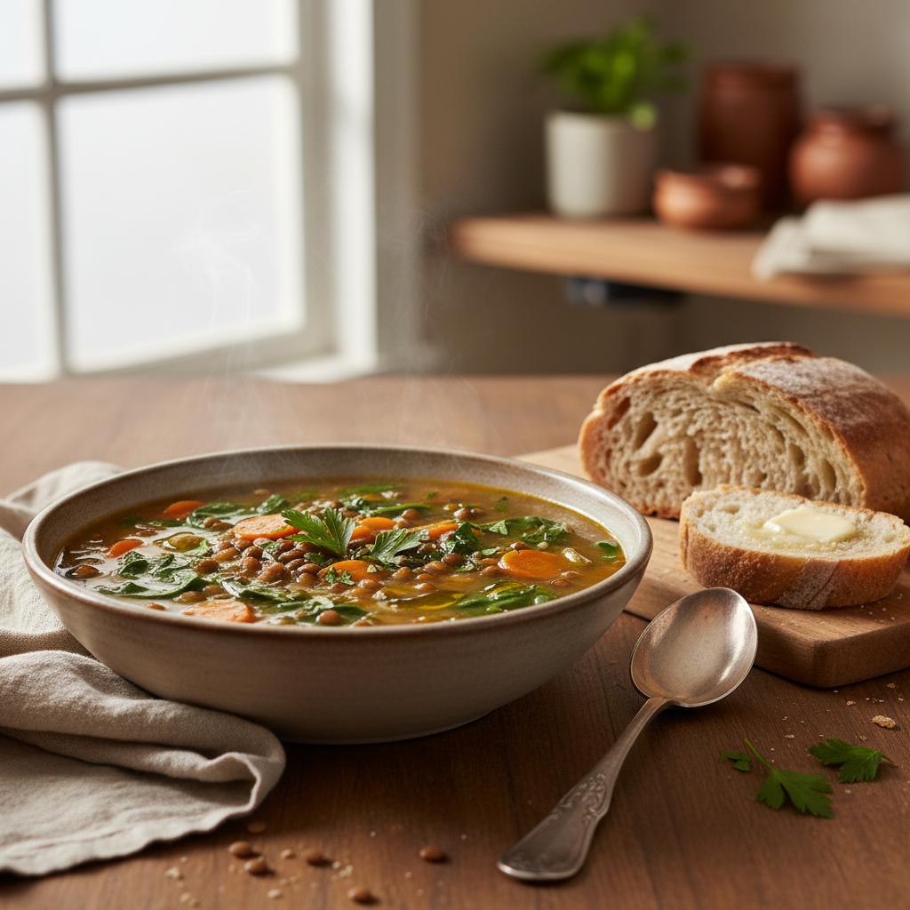 Linsensuppe mit Spinat und Karotten