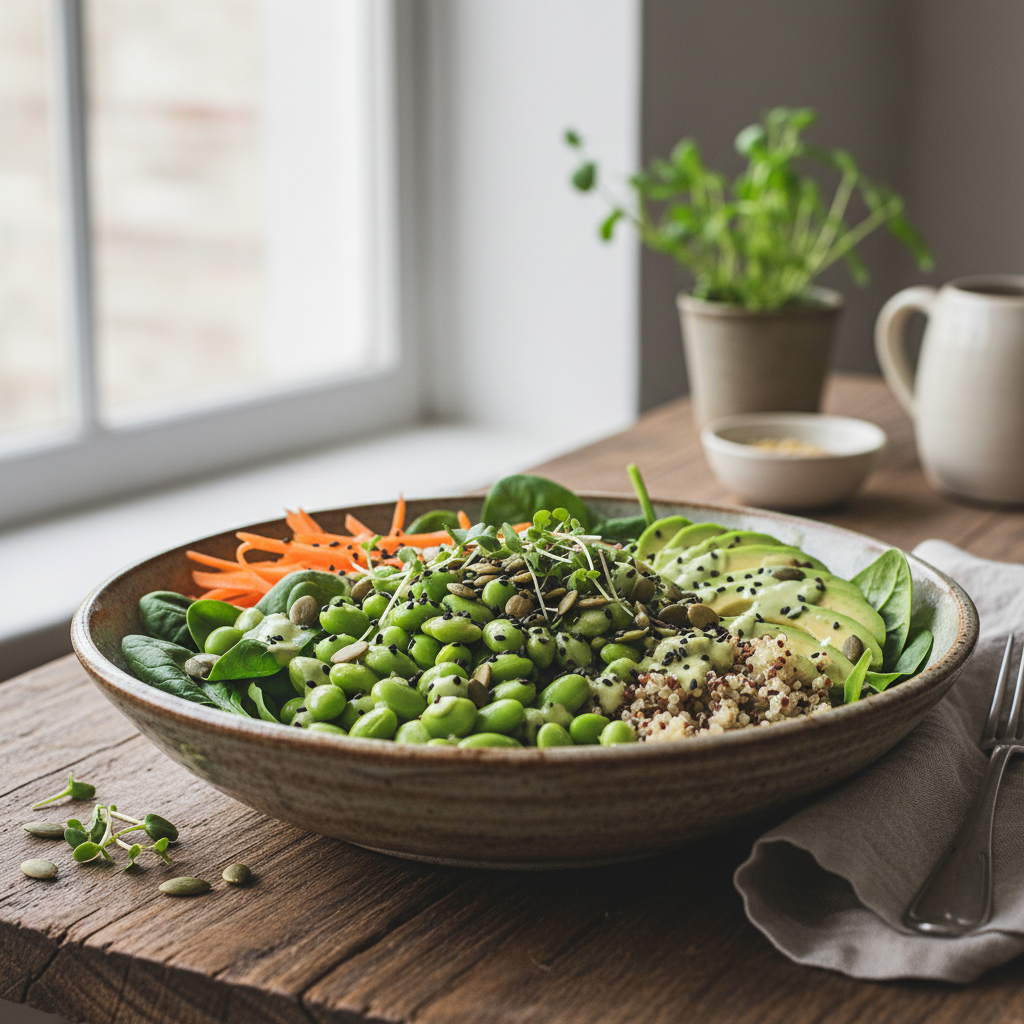 Buddha Bowl mit edamame und Blattgemüse