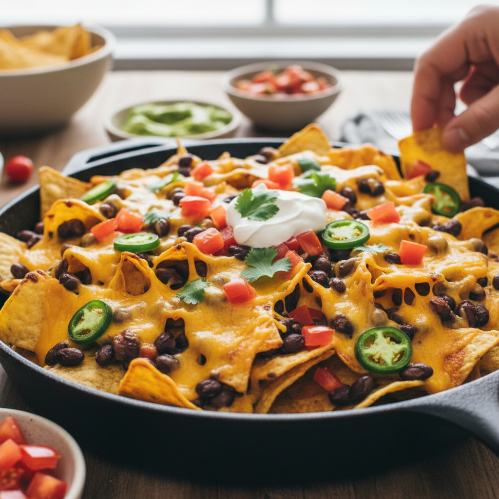 Überbackene Nachos mit schwarzen Bohnen, Käse, Tomaten und Jalapenoes