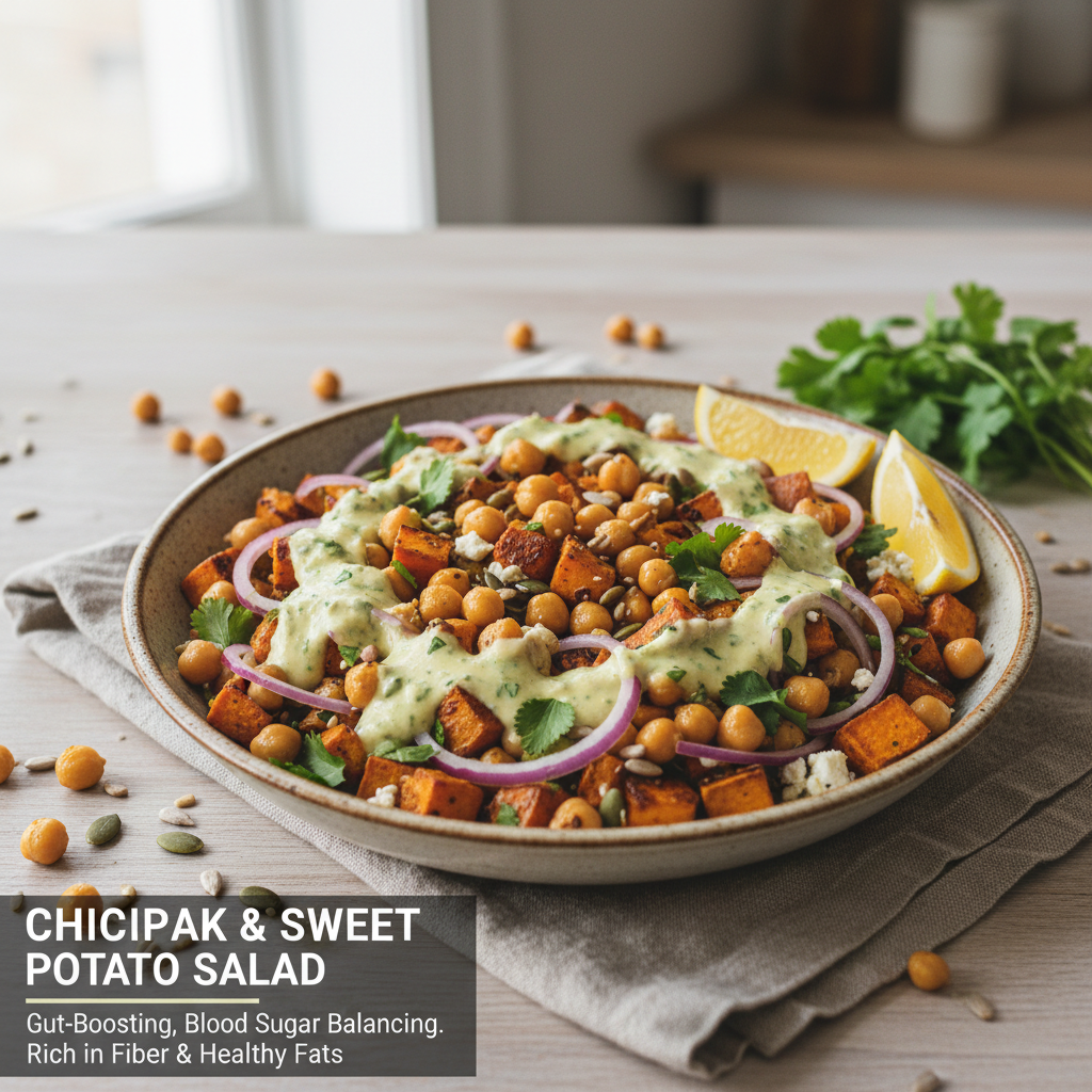 Kichererbsen-Süßkartoffel-Salat mit Zitronen-Koriander-Dressing
