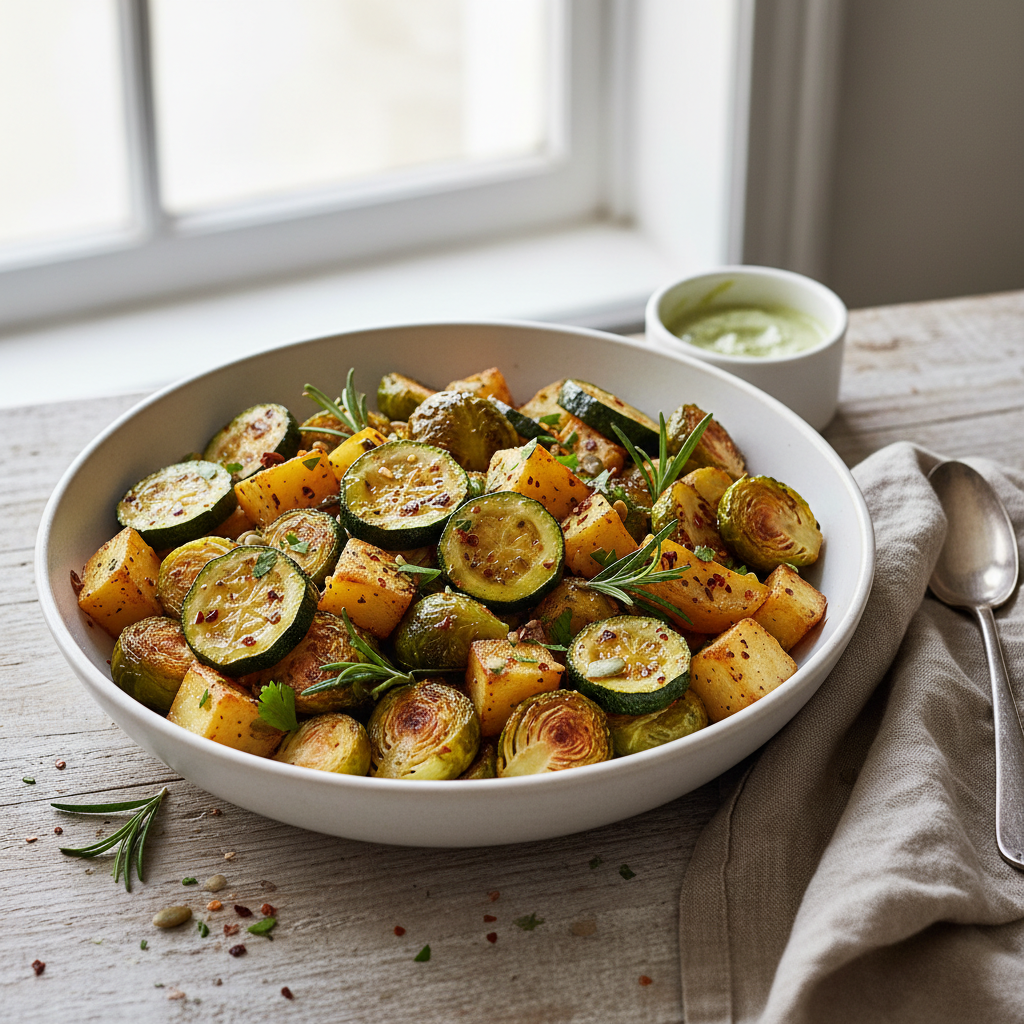 Geröstete Zucchini-Kartoffel-Bowl mit Rosenkohl