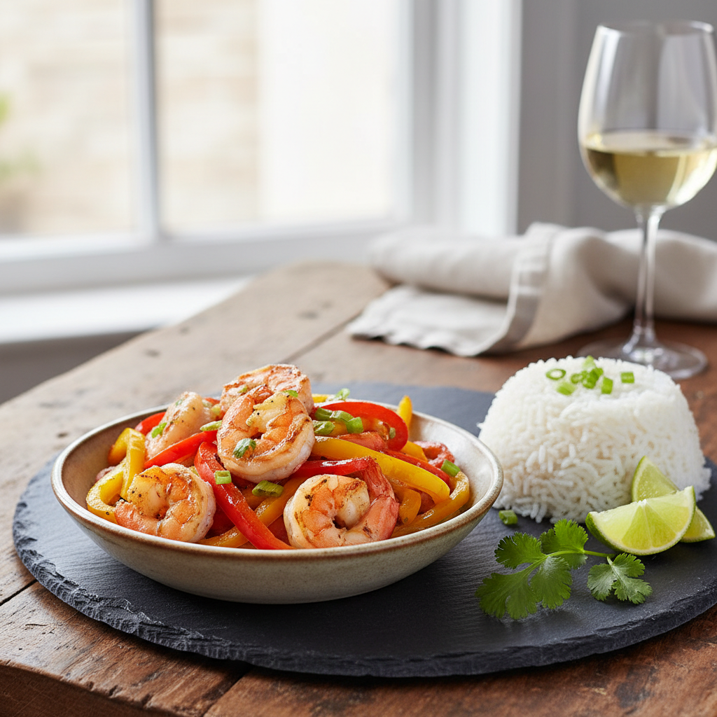 Gebratene Garnelen mit Paprika und Reis