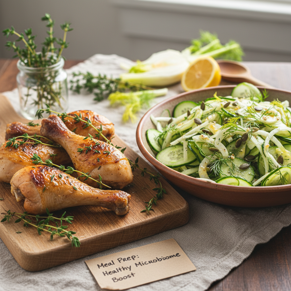 Thymian-Hähnchenschenkel mit Fenchel-Gemüsesalat