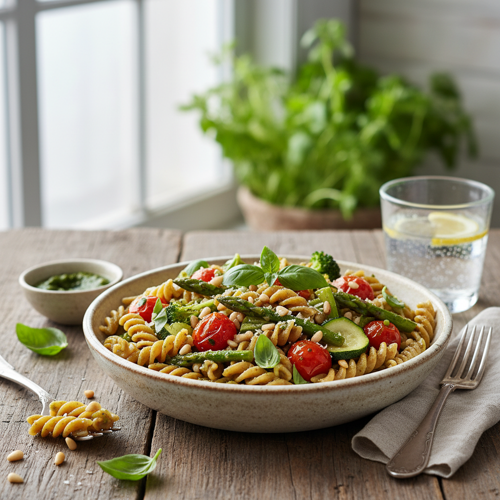Vollkornnudel-Bowl mit Pesto und Gemüse