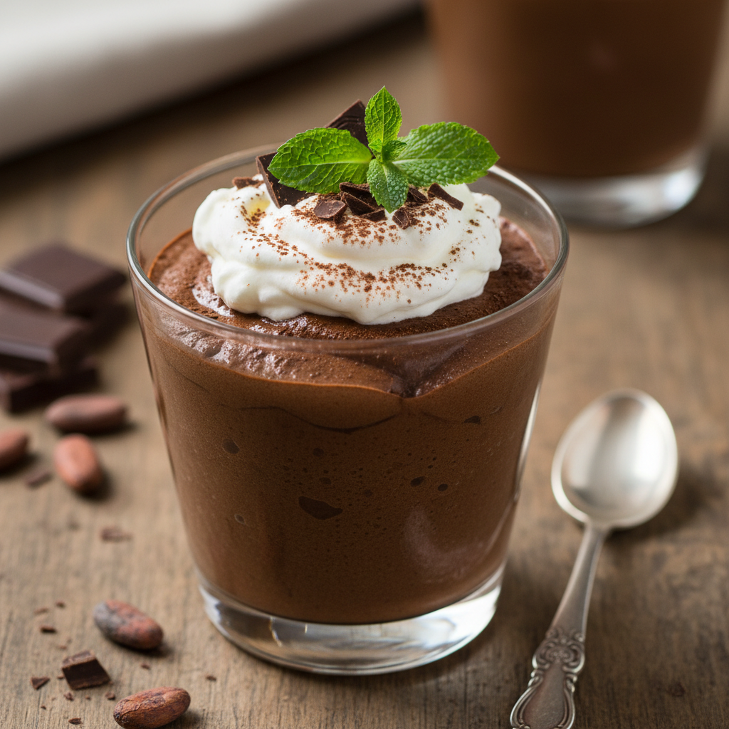Schokoladenmousse mit 90 % iger Schokolade, Erythrit und Aquafaba statt Sahne und Milch