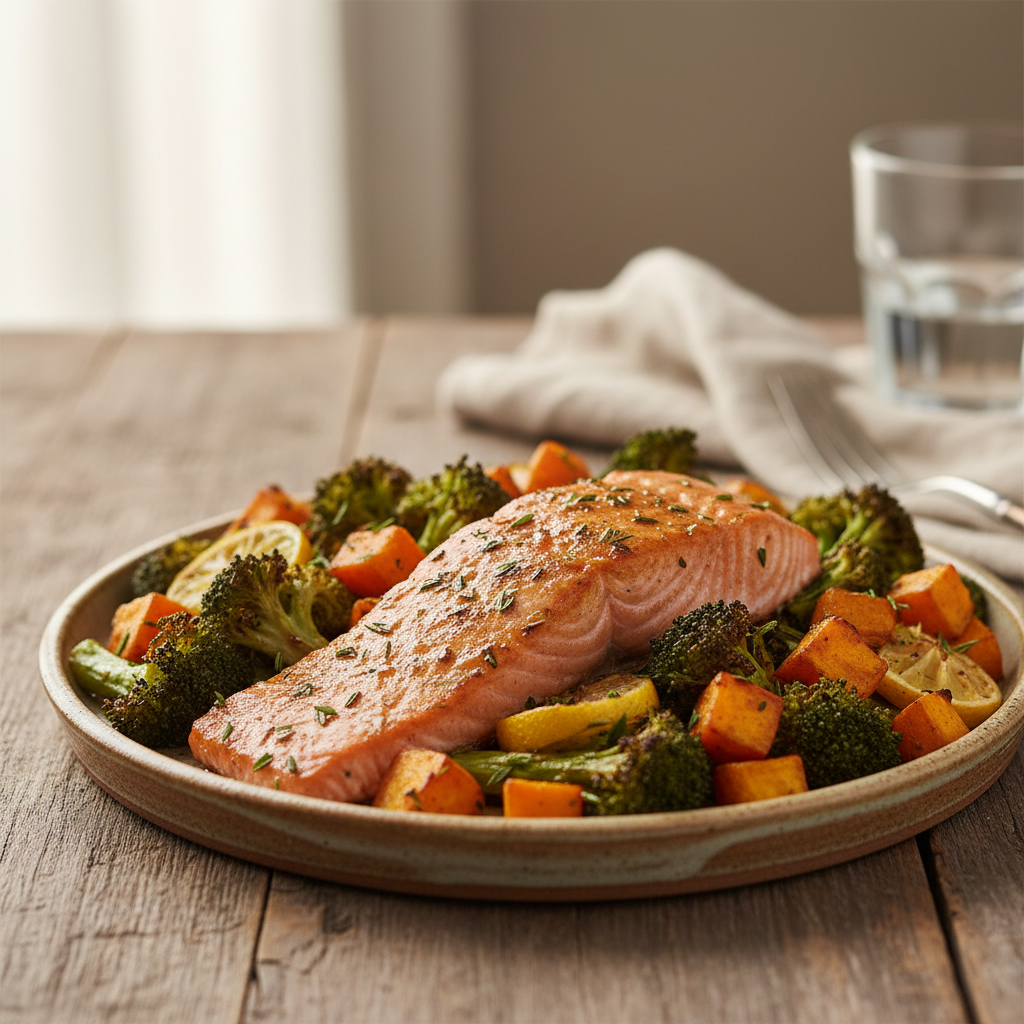 Ofengebackener Lachs mit Brokkoli und Süßkartoffeln