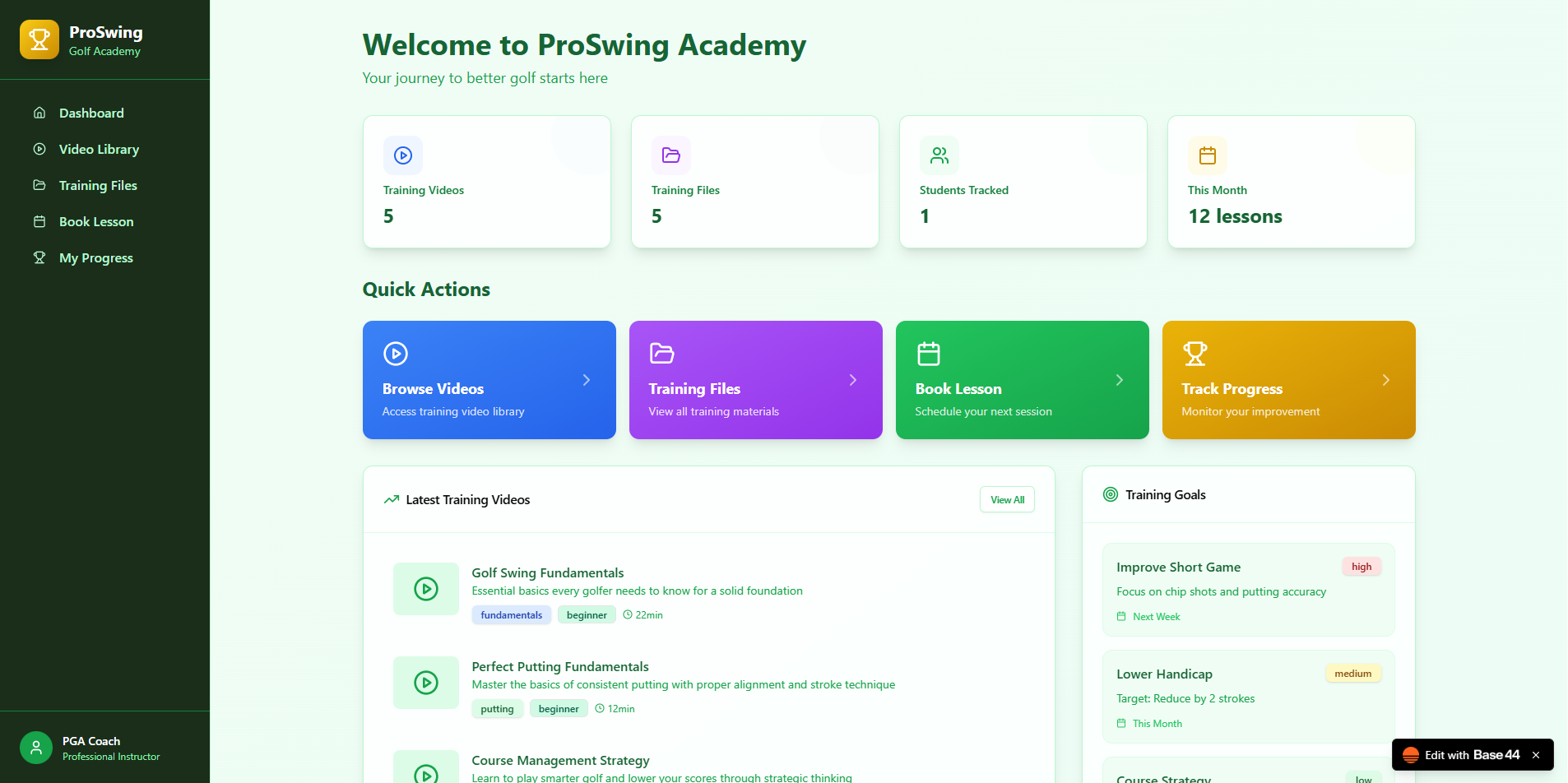 PGA Golf Coaching Academy (Backend) template preview